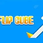 Texten FLIP CUBE visas mot en blå bakgrund med en vit kub på en vit ramp med gula taggar