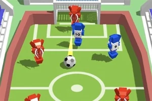 Två lag av blockiga figurer, ett rött och ett blått, spelar fotboll på en liten plan med ett mål i bakgrunden