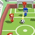 Två lag av blockiga figurer, ett rött och ett blått, spelar fotboll på en liten plan med ett mål i bakgrunden