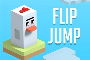 Vit blockig kycklingfigur på ett grönt block mot en blå bakgrund med texten FLIP JUMP