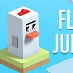 Vit blockig kycklingfigur på ett grönt block mot en blå bakgrund med texten FLIP JUMP