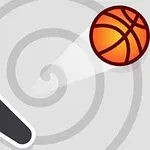 En flipperarm och en basketboll mot en grå spiralbakgrund