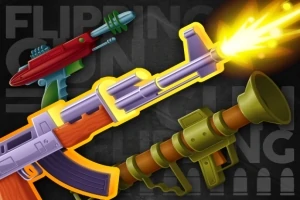 Flera tecknade vapen med färgglada detaljer och en kanon som avfyrar ett skott, med text i bakgrunden