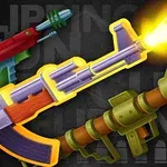 Flera tecknade vapen med färgglada detaljer och en kanon som avfyrar ett skott, med text i bakgrunden