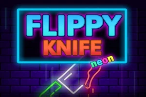 Neonfärgad text med orden Flippy Knife och Neon på en mörk bakgrund med stiliserade knivar