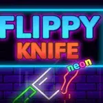 Neonfärgad text med orden Flippy Knife och Neon på en mörk bakgrund med stiliserade knivar