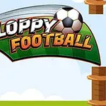 Ett stort grön band med texten Floppy Football bredvid en fotboll med träpelare i bakgrunden