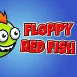 Grön tecknad fisk med stora ögon och röd taggig topp bredvid texten Floppy Red Fish på blå bakgrund
