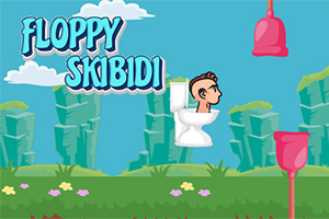 En animerad man i en toalett flyger genom en tecknad landskap med gröna klippor och rosa plungerar