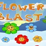 En färgglad tecknad bild med glada blommor i olika färger och texten Flower Blast ovanpå