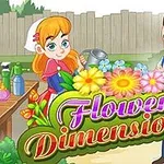 Tecknad flicka med vattenkanna och man med mustasch står framför färgglada blommor och texten Flower Dimensions i en trädgårdsmiljö