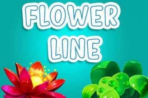 Texten Flower Line med en färgglad blomma och gröna blad mot en turkos bakgrund