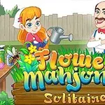 Tecknad bild av en flicka med vattenkanna och en man i en trädgård med texten Flower Mahjong Solitaire omgiven av blommor