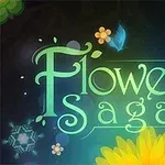 Texten Flower Saga i grönt med blommor och en fjäril mot en mörk bakgrund