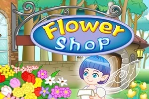 En tecknad bild av en blomsterbutik med en skylt som det står Flower Shop på och en liten figur med vingar omgiven av färgglada blommor