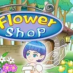 En tecknad bild av en blomsterbutik med en skylt som det står Flower Shop på och en liten figur med vingar omgiven av färgglada blommor