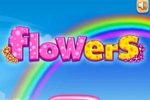 Texten flowers i rosa och gul färg med blommor mot en bakgrund av en regnbåge och blå himmel
