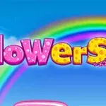 Texten flowers i rosa och gul färg med blommor mot en bakgrund av en regnbåge och blå himmel