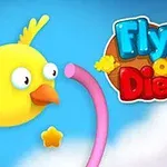 En gul tecknad fågel med stora ögon flyger nära en rosa båge och en gul stjärna mot en blå himmel, med texten Fly or Die bredvid