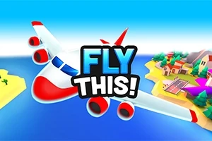 Ett tecknat flygplan flyger över havet med ett färgglatt landskap och en flygplats i bakgrunden