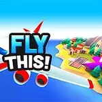 Ett tecknat flygplan flyger över havet med ett färgglatt landskap och en flygplats i bakgrunden