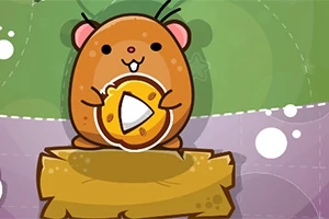 Tecknad hamster håller en bit ost och sitter på en trälåda med en grön och lila bakgrund