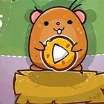 Tecknad hamster håller en bit ost och sitter på en trälåda med en grön och lila bakgrund