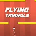 Vit text Flying Triangle på en orange bakgrund med gula horisontella linjer och en vit triangelform längst ner