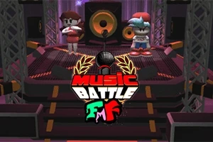 Två tecknade figurer står på en scen med högtalare och färgglada ljus i bakgrunden, med texten Music Battle framför
