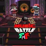 Två tecknade figurer står på en scen med högtalare och färgglada ljus i bakgrunden, med texten Music Battle framför