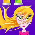 Tecknad flicka med långt blont hår och gröna ögon mot en lila bakgrund, med laboratorierör i olika färger ovanför