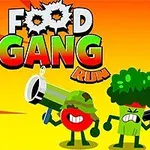 Tre animerade matfigurer, inklusive en tomat, broccoli och banan, bärande vapen mot en gul bakgrund
