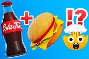 En bild med en colaflaska, en hamburgare, och en tecknad emoji med ett exploderande huvud på en blå bakgrund
