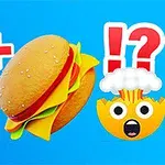 En bild med en colaflaska, en hamburgare, och en tecknad emoji med ett exploderande huvud på en blå bakgrund