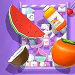 Fruktbitar, en juiceflaska, körsbär och kokosnöt på en lila bakgrund