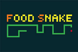 Texten FOOD SNAKE i pixelstil ovanför en grön ormform på en mörk bakgrund