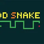 Texten FOOD SNAKE i pixelstil ovanför en grön ormform på en mörk bakgrund