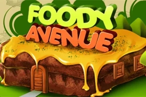 En illustration av en byggnad formad som en smörgås med smält ost, där texten Foody Avenue är placerad ovanpå