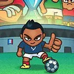 Tecknad figur i en blå tröja med en fotboll, omgiven av andra figurer framför en stor arena