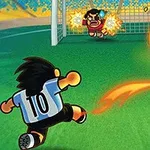 Tecknad fotbollsspelare i blåvitrandig tröja skjuter en brinnande boll mot en målvakt framför ett mål