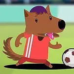 En tecknad varg i röd fotbollsklädsel dribblar med en fotboll på en grön plan