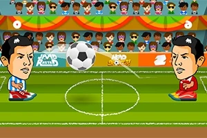 Två tecknade fotbollsspelare med stora huvuden står på en fotbollsplan med en boll mellan dem, omgiven av en publik