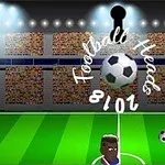 Två tecknade fotbollsspelare på en grön fotbollsplan med en stor svävande fotboll framför en fullsatt stadion
