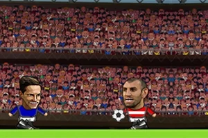 Två tecknade spelare med stora huvuden spelar fotboll på en gräsplan inför en stor publik på läktaren