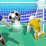 Två tecknade figurer i blå och gul tröja jagar en fotboll mot ett mål på en fotbollsplan
