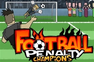 Tecknad bild av en fotbollsspelare som skjuter en straffspark mot en målvakt, med texten Football Penalty Champions i förgrunden