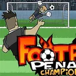 Tecknad bild av en fotbollsspelare som skjuter en straffspark mot en målvakt, med texten Football Penalty Champions i förgrunden