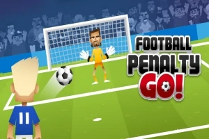 En tecknad fotbollsspelare i blått skjuter en boll mot en målvakt på ett grönt fotbollsfält, med texten Football Penalty Go!