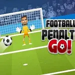 En tecknad fotbollsspelare i blått skjuter en boll mot en målvakt på ett grönt fotbollsfält, med texten Football Penalty Go!