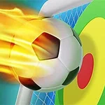 Fotboll som flyger genom luften med eldflammor bakom sig och träffar ett målsiktet